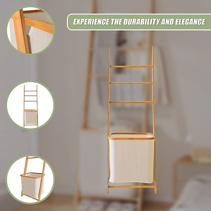 Wall Leaning Ladder Shelf with Laundry Basket Clothes Hamper Bath Towel Rack