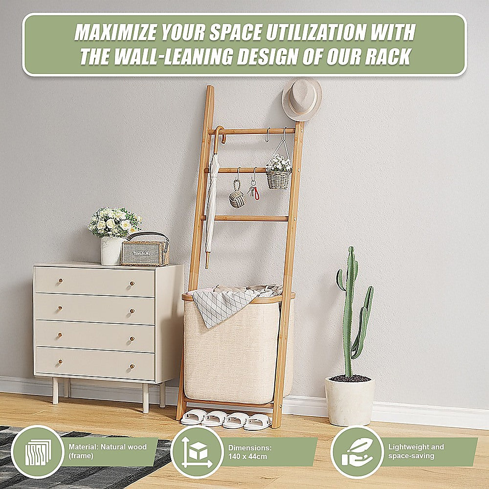 Wall Leaning Ladder Shelf with Laundry Basket Clothes Hamper Bath Towel Rack