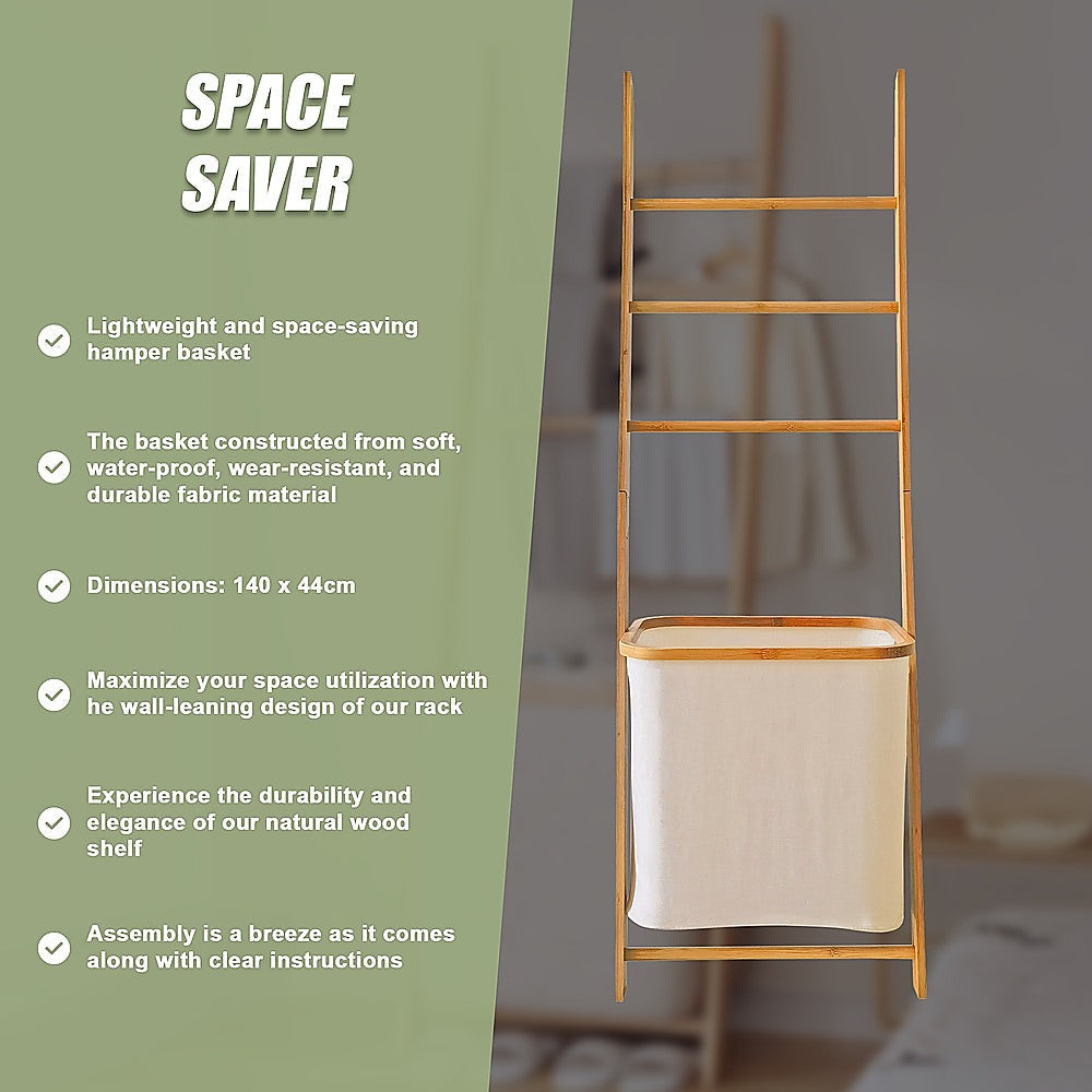 Wall Leaning Ladder Shelf with Laundry Basket Clothes Hamper Bath Towel Rack