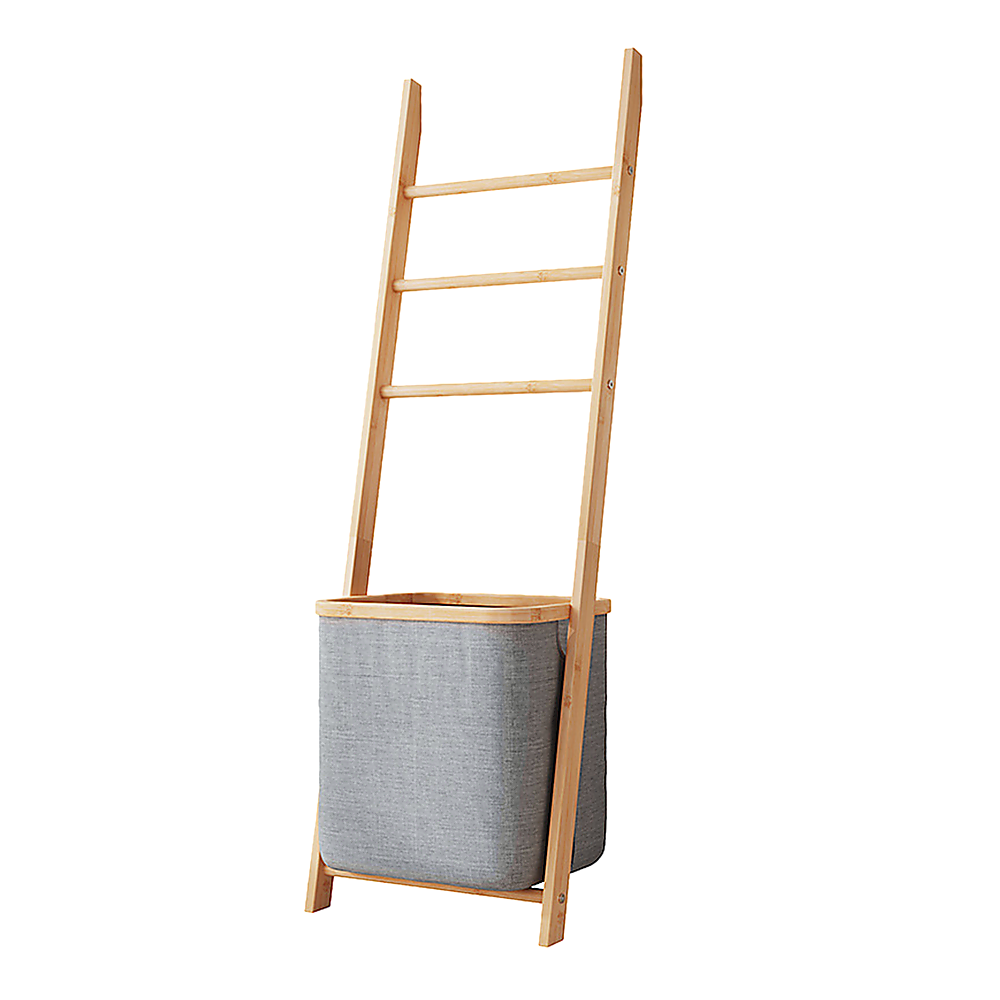 Wall Leaning Ladder Shelf with Laundry Basket Clothes Hamper Bath Towel Rack in Grey