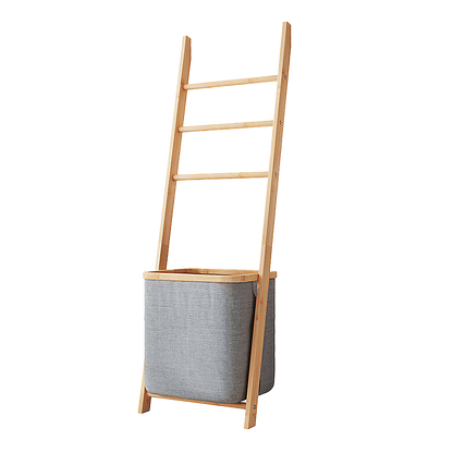 Wall Leaning Ladder Shelf with Laundry Basket Clothes Hamper Bath Towel Rack in Grey