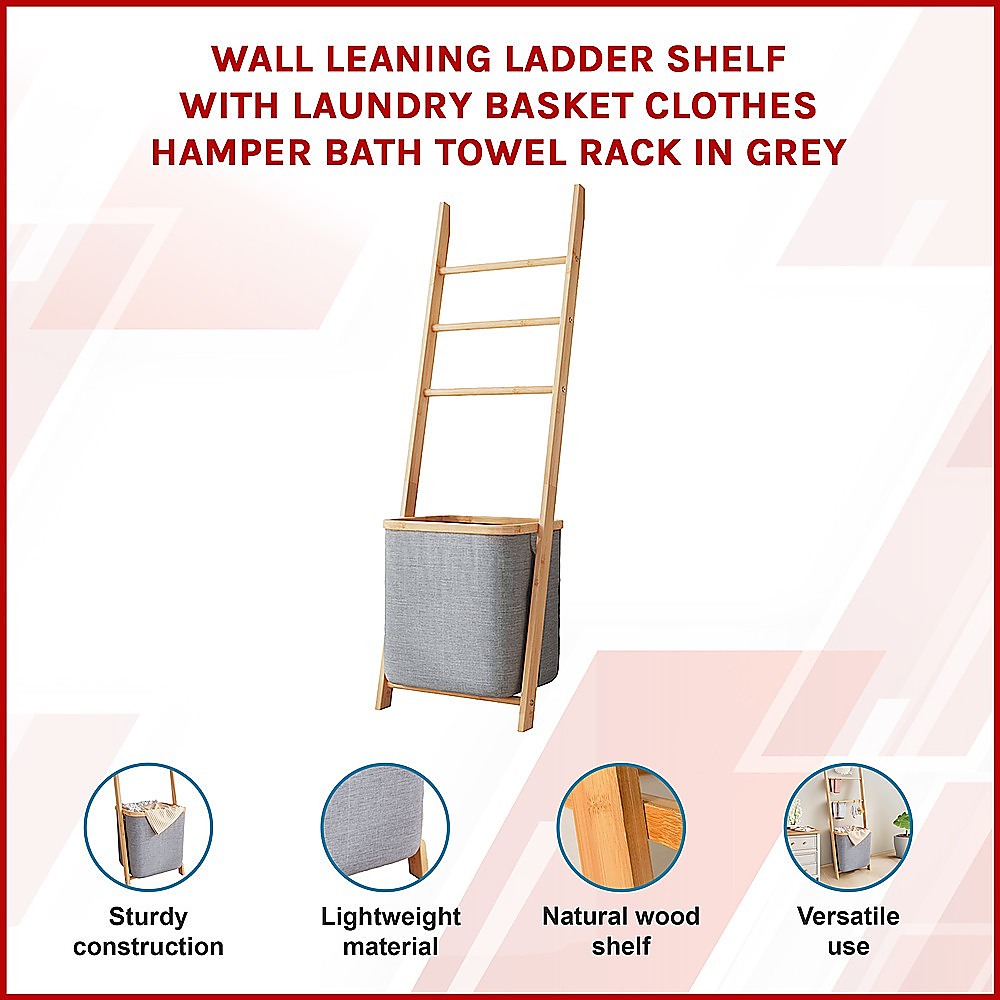 Wall Leaning Ladder Shelf with Laundry Basket Clothes Hamper Bath Towel Rack in Grey