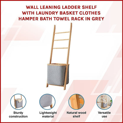 Wall Leaning Ladder Shelf with Laundry Basket Clothes Hamper Bath Towel Rack in Grey