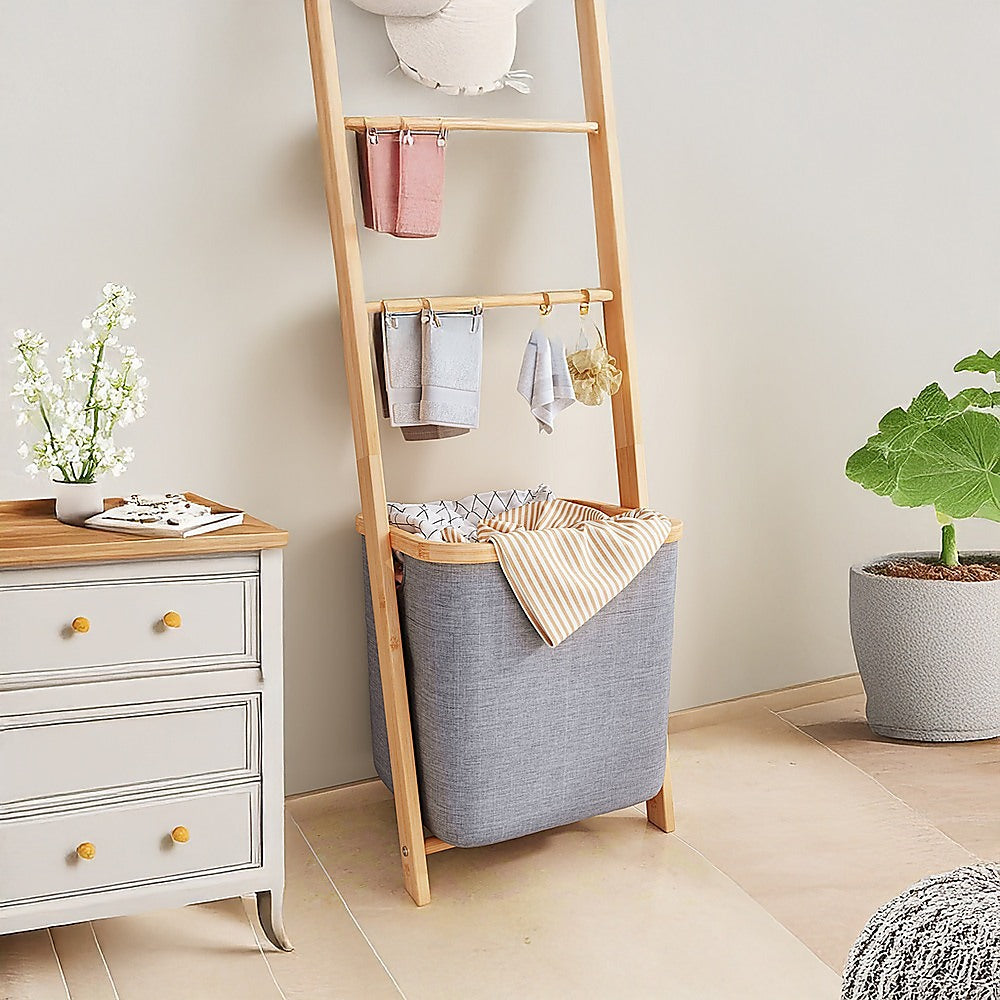 Wall Leaning Ladder Shelf with Laundry Basket Clothes Hamper Bath Towel Rack in Grey