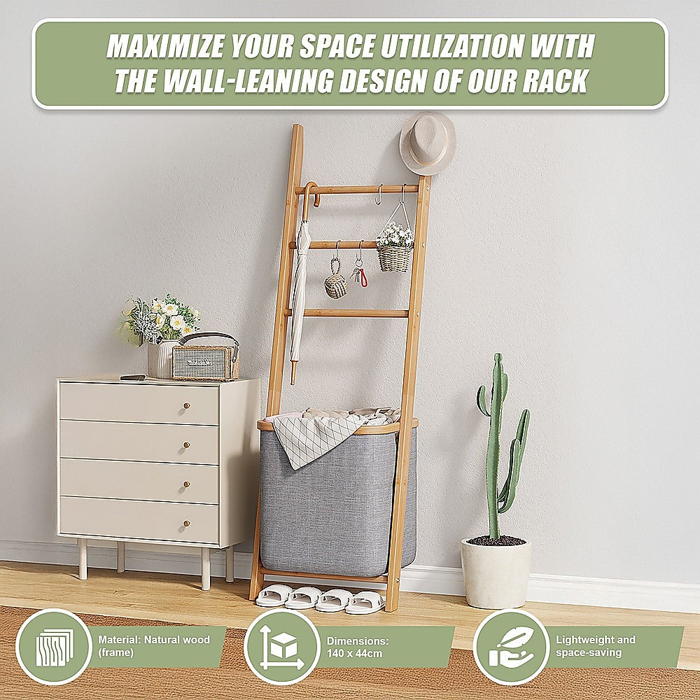 Wall Leaning Ladder Shelf with Laundry Basket Clothes Hamper Bath Towel Rack in Grey