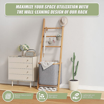 Wall Leaning Ladder Shelf with Laundry Basket Clothes Hamper Bath Towel Rack in Grey