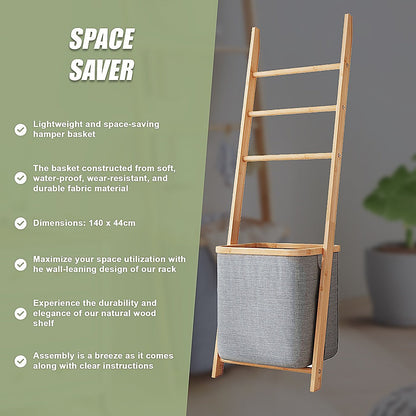 Wall Leaning Ladder Shelf with Laundry Basket Clothes Hamper Bath Towel Rack in Grey