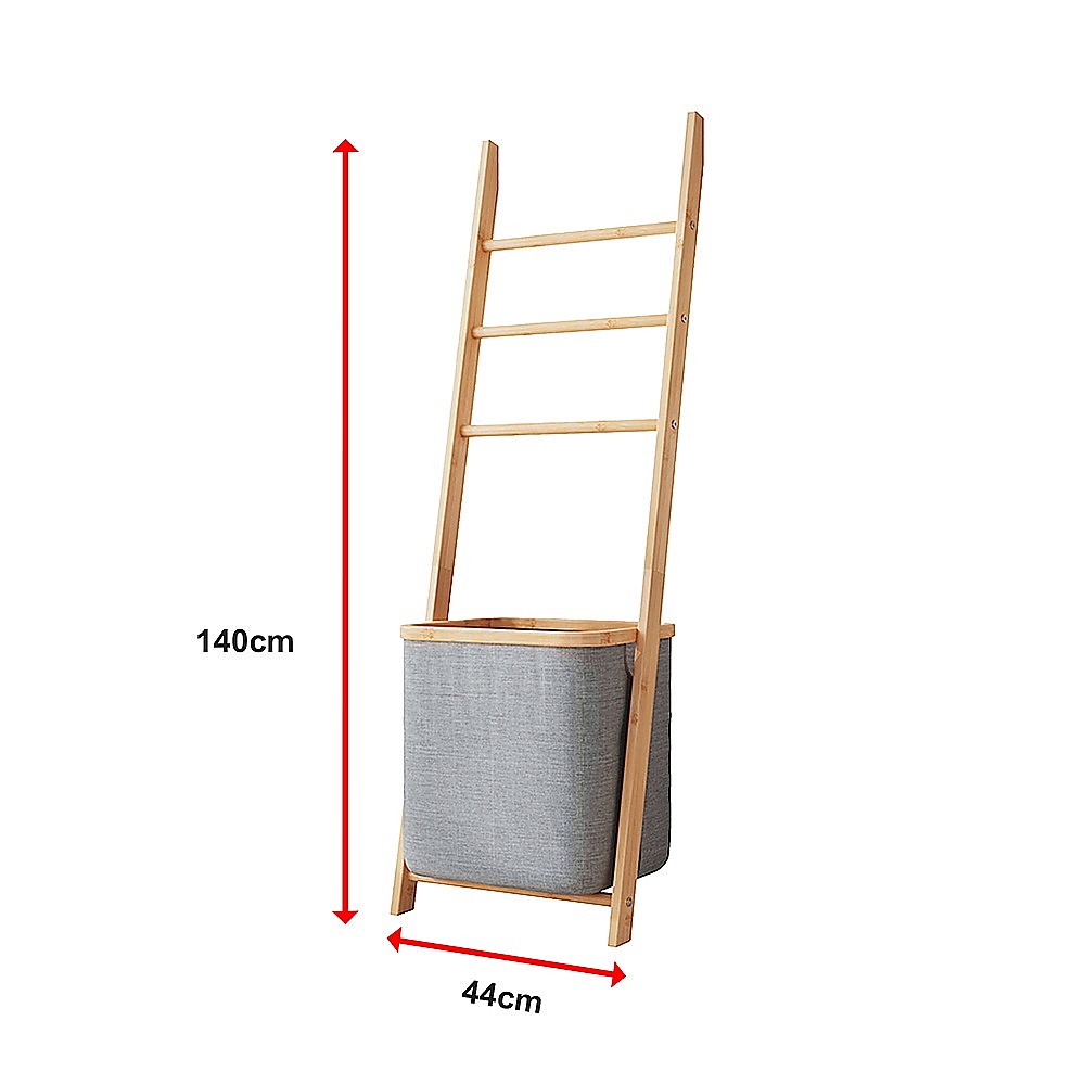 Wall Leaning Ladder Shelf with Laundry Basket Clothes Hamper Bath Towel Rack in Grey