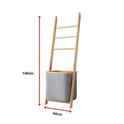 Wall Leaning Ladder Shelf with Laundry Basket Clothes Hamper Bath Towel Rack in Grey