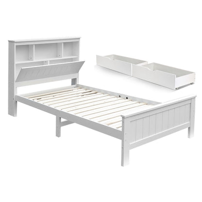 Artiss Bed Frame King Single Size Wooden with 2 Storage Drawers White