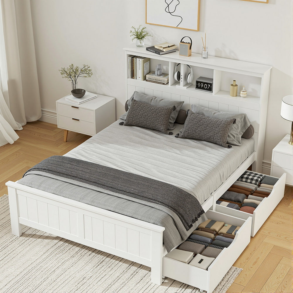 Artiss Bed Frame Double Size Wooden with 3 Shelves Bed Head White