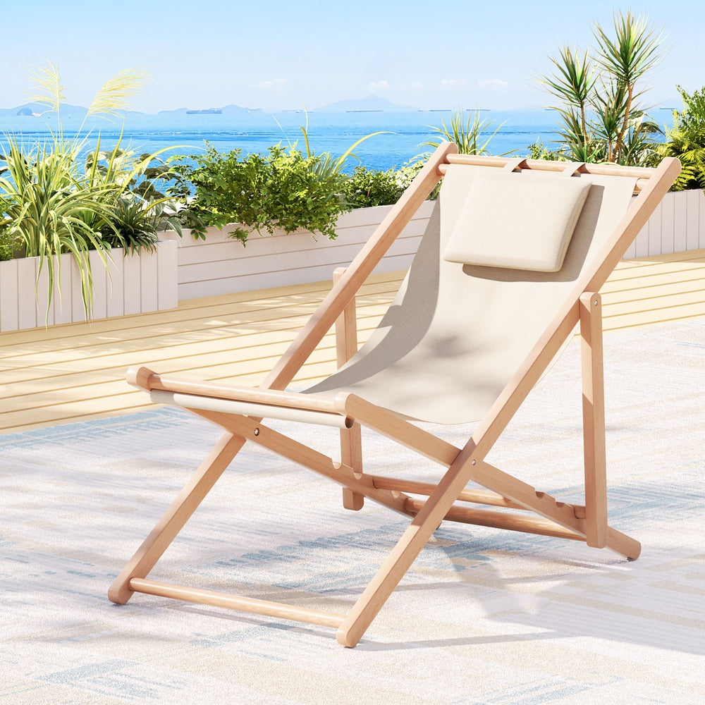 Gardeon Outdoor Chairs Sun Lounge Deck Beach Chair Folding Wooden Patio Furniture Beige
