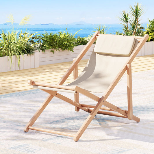 Gardeon Outdoor Chairs Sun Lounge Deck Beach Chair Folding Wooden Patio Furniture Beige