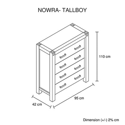 5 Pieces Bedroom Suite in Solid Wood Veneered Acacia Construction Timber Slat Single Size Oak Colour Bed, Bedside Table , Tallboy & Dresser