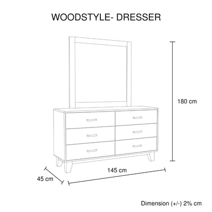 Dresser with 6 Storage Drawers in Solid Acacia With Mirror in Vintage Light Brown Colour