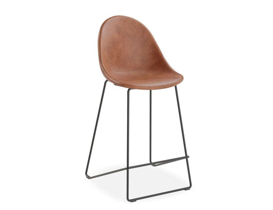 Pebble Stool Brown Upholstered Vintage Seat  - Counter Stool 65cm Seat - Black Base