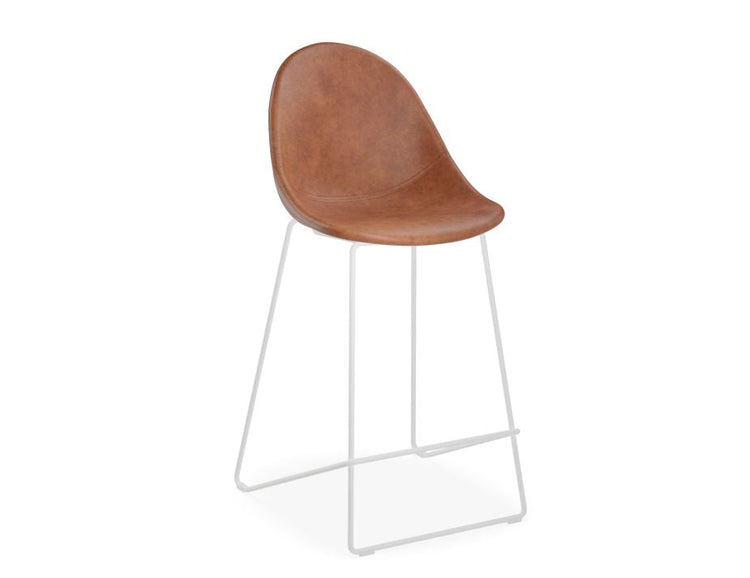 Pebble Stool Brown Upholstered Vintage Seat  - Counter Stool 65cm Seat - White Base