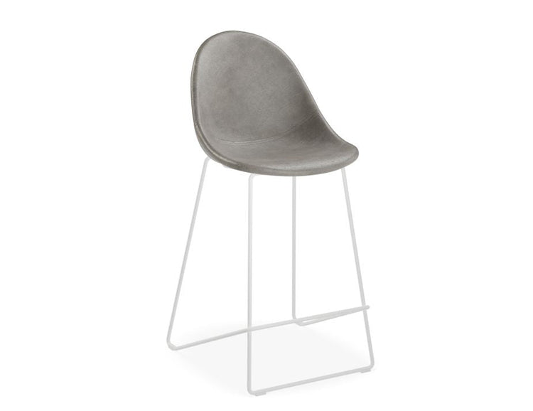 Pebble Stool Grey Upholstered Vintage Seat  - Counter Stool 65cm Seat - White Base