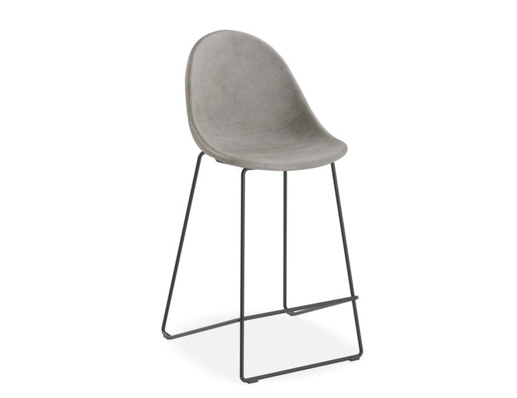 Pebble Stool Grey Upholstered Vintage Seat  - Counter Stool 65cm Seat - Black Base