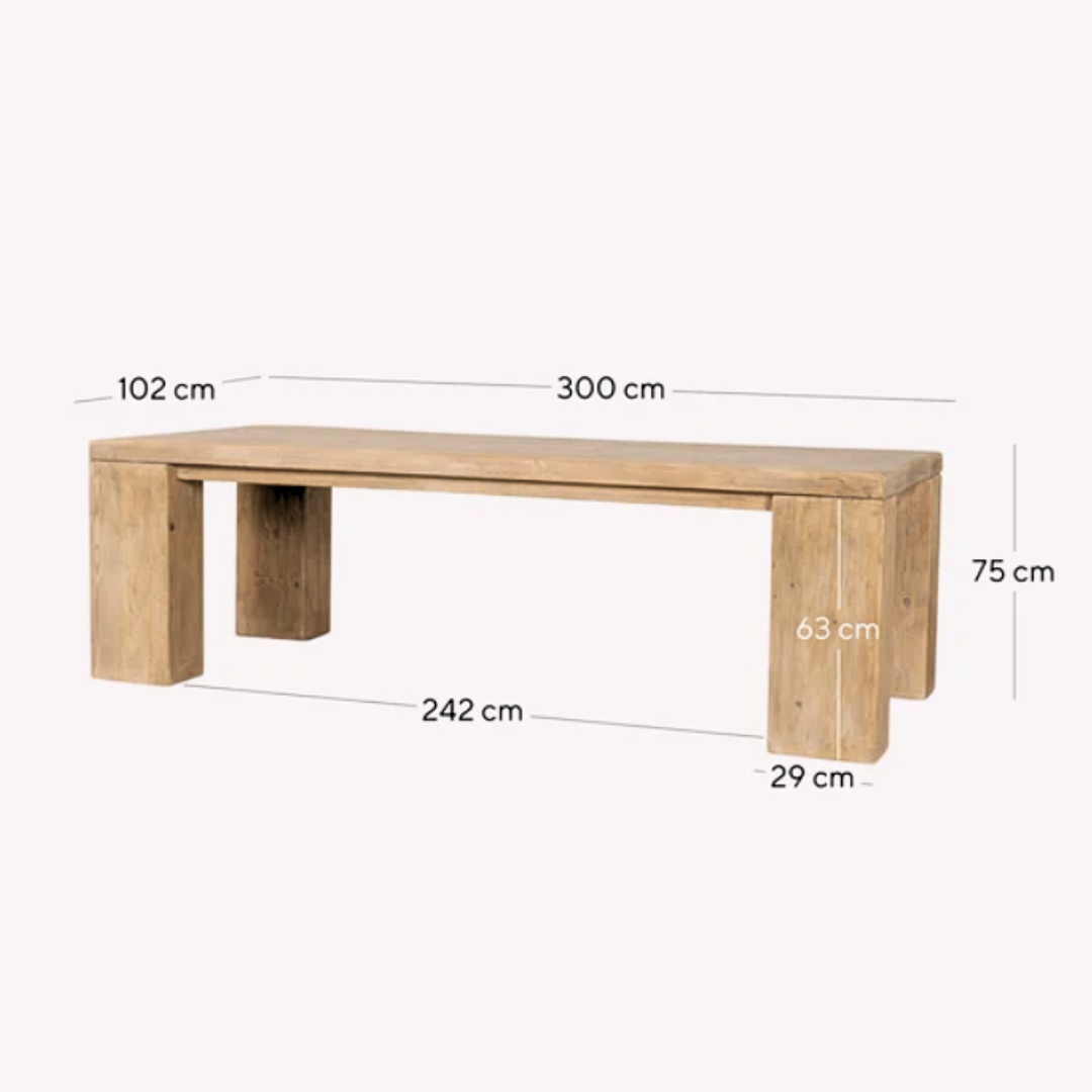 Wooden dining table with dimensions labeled on a white background